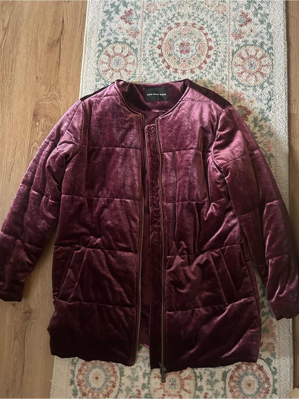 Who What Wear Velvet Quilted Puffer Coat - plum
